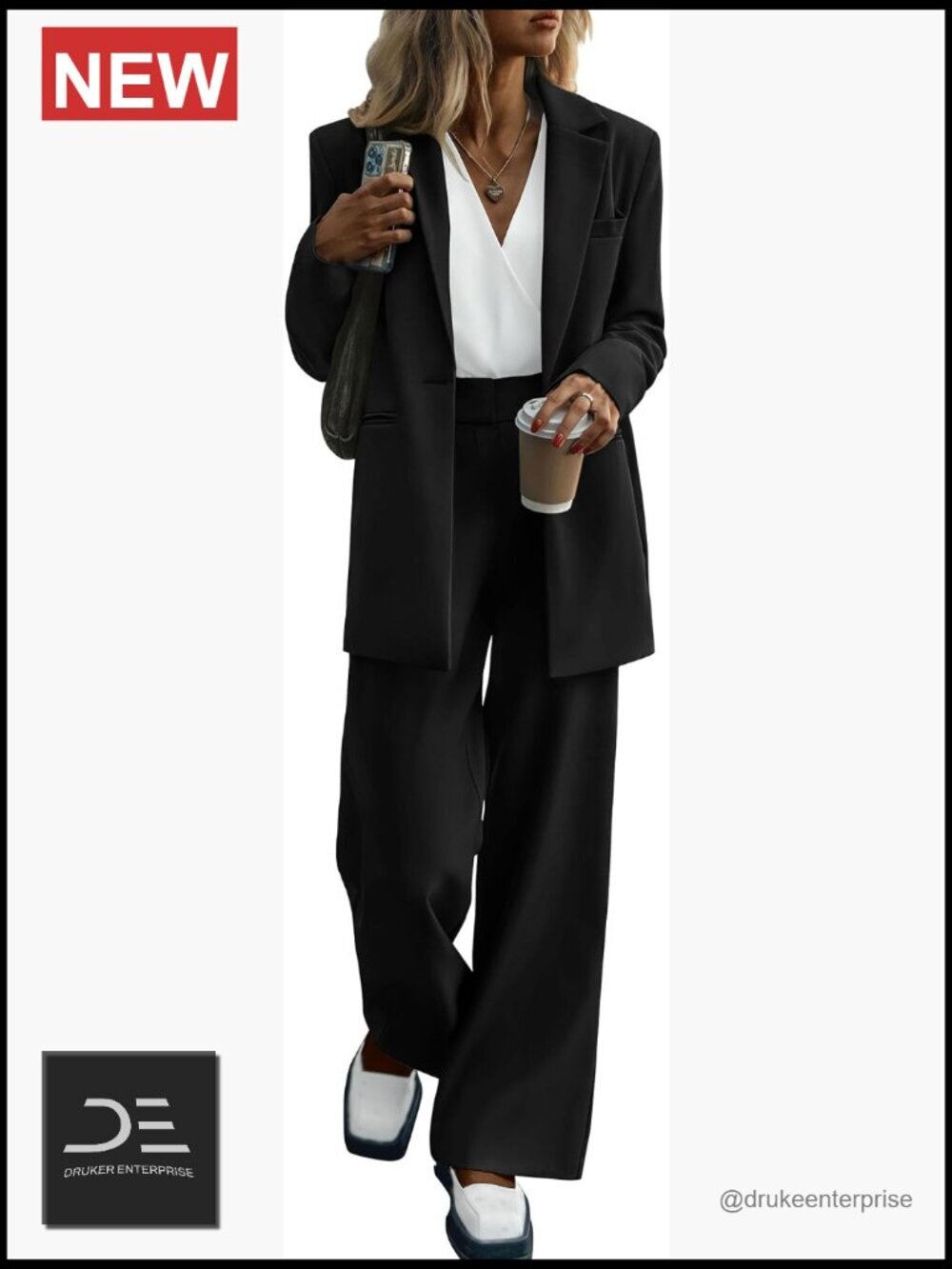 Women's 2-Piece Pantsuit Set Business Casual Work Blazer & Wide Leg Pants